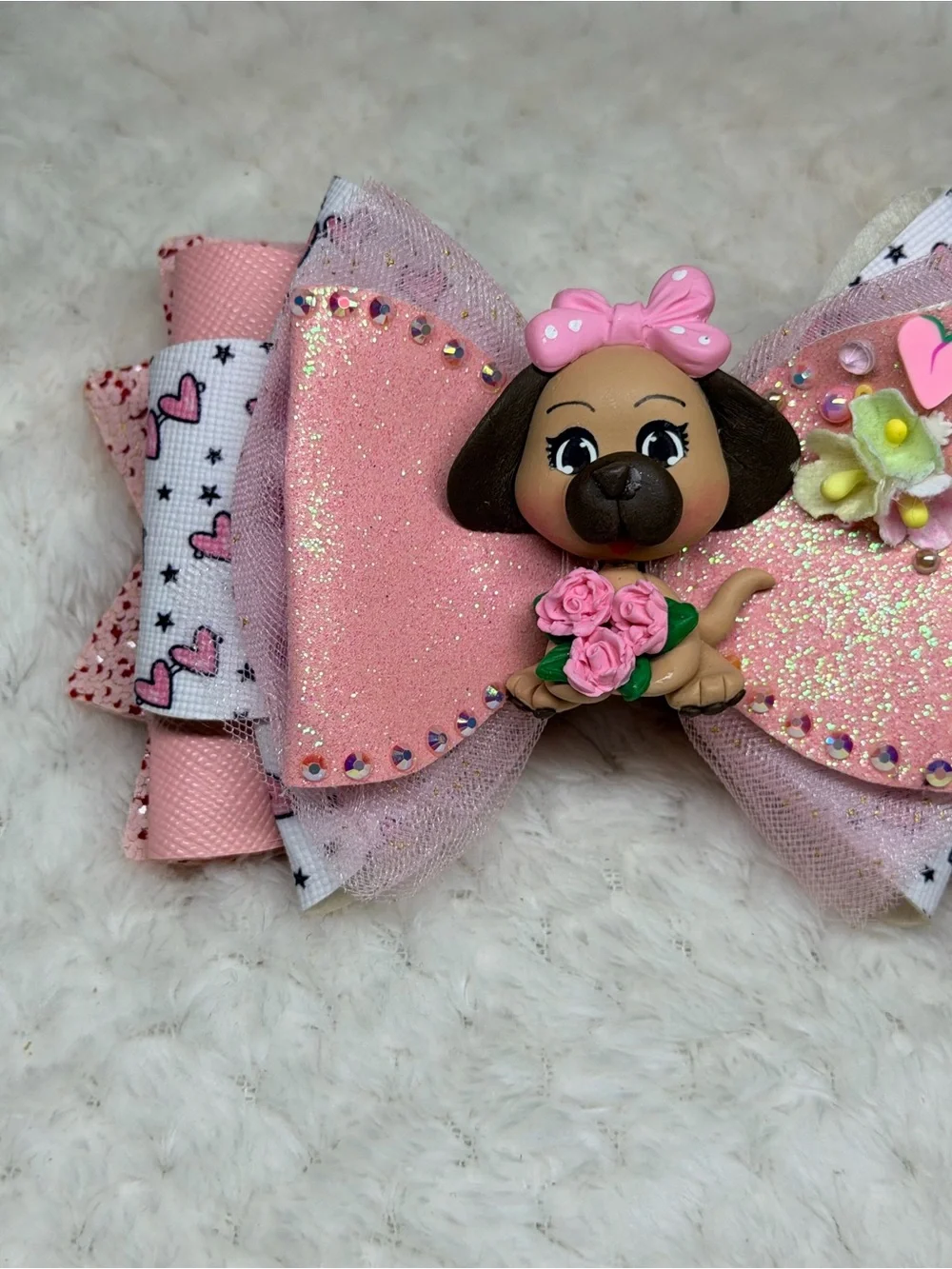 Pink Glitter Dog Bow with Flower Bouquet Center
